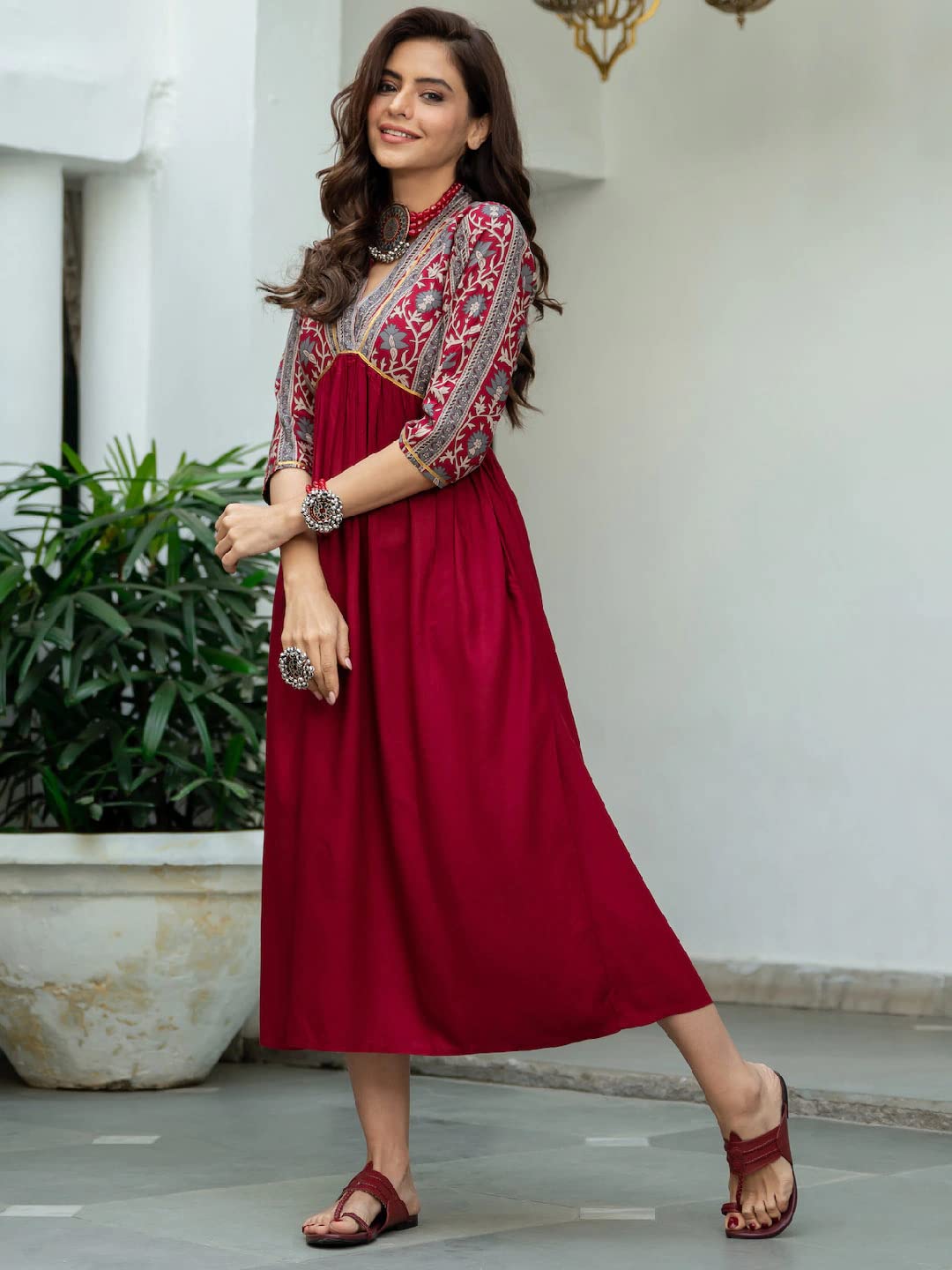 Gosriki Women'S Viscose Rayon Maroon & Grey Printed Flared Kurta (Ruh-Maroon_L-Gs_Maroon_Large),Maroon,,B0C38MQTY3