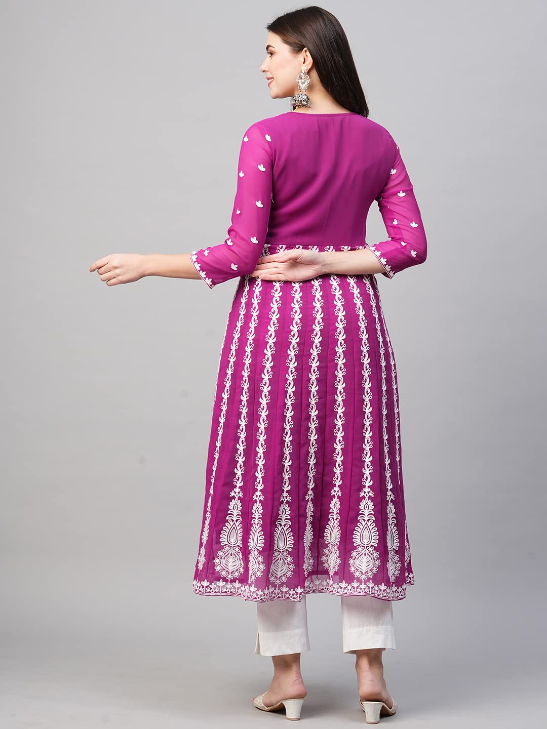 Anni Designer Women'S Georgette Chikankari Embroidered Anarkali Kurti (Naav Pink-Nw2_Xl_Dark Pink_X-Large),Pink,XL,Georgette,Anarkali,Kurti