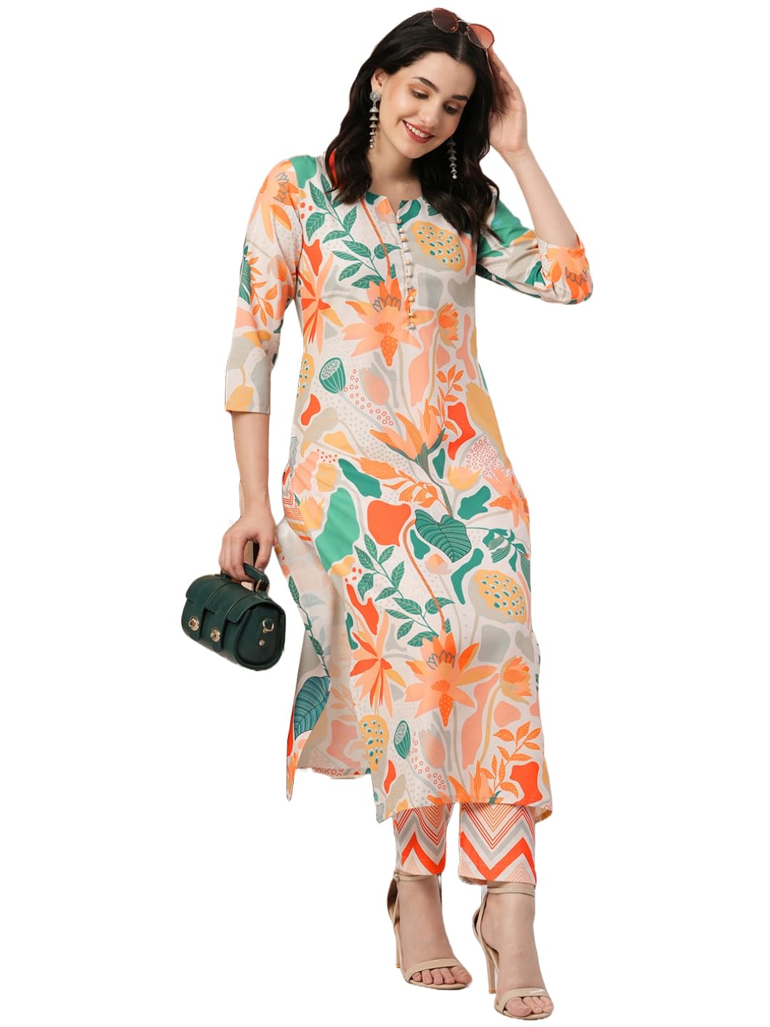 Anni Designer Women'S Cotton Blend Straight Printed Kurta With Pant (Yaka Cream_S_Cream_Small),Cream,S