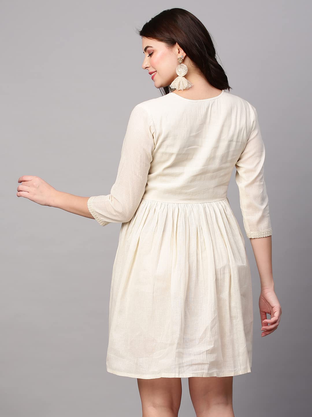Gosriki Women'S Pure Cotton Flounce Sleeve Embroidery Ruffle Smock Dress (Uljhan-Dress-Cream_M-Gs_Cream_Medium),Cream,,B0BSH7X8PC