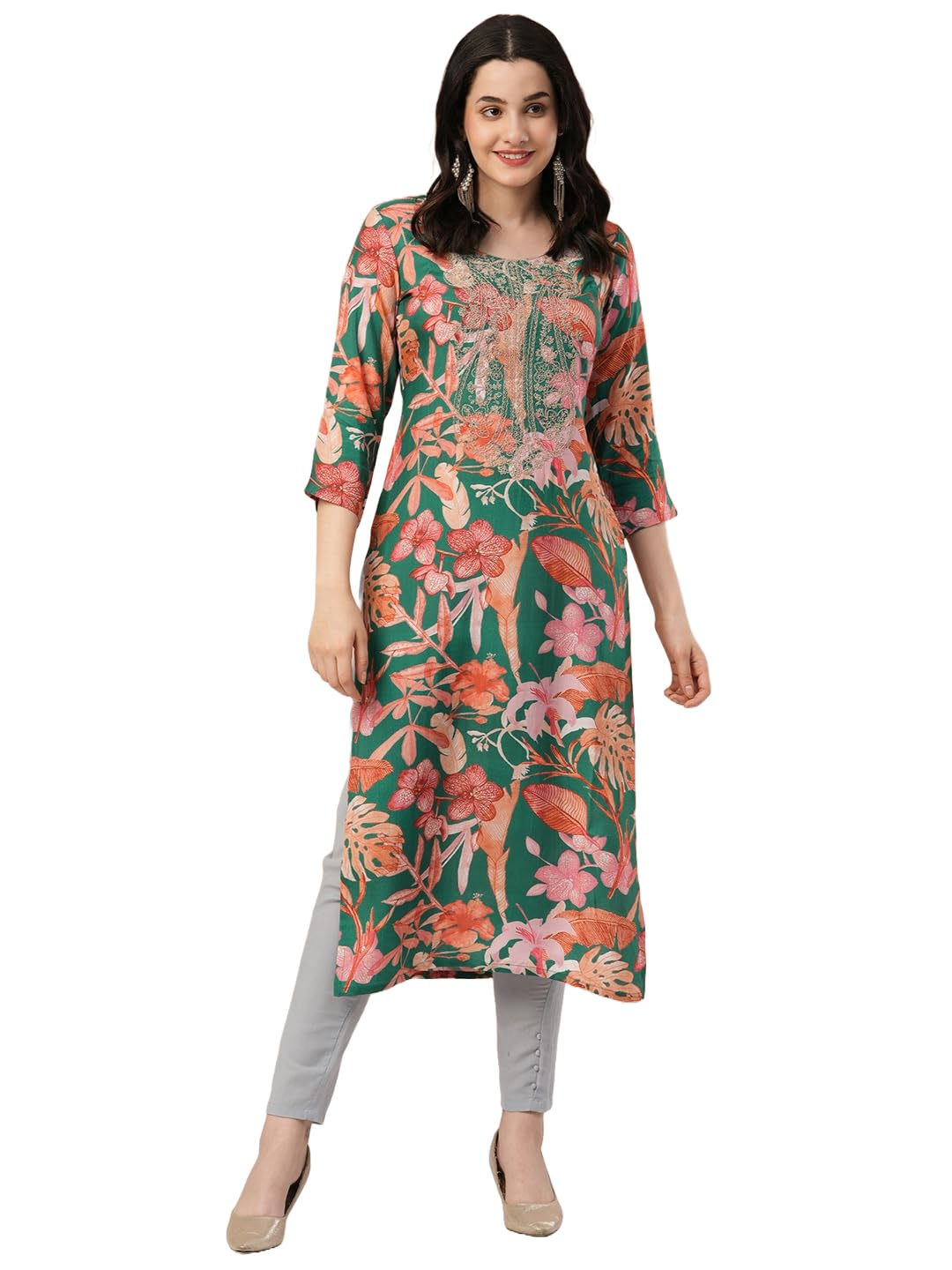 Anni Designer Women'S Rayon Blend Straight Printed Kurta (Tina Green_Xxl_Green_Xx-Large),Green,2XL