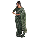 Hmp Fashion WomenS Ikat Hand Block Print Sari Jaipuri Pure Cotton Mulmul Ajrak Printed Saree With Blouse Piece (Green)
