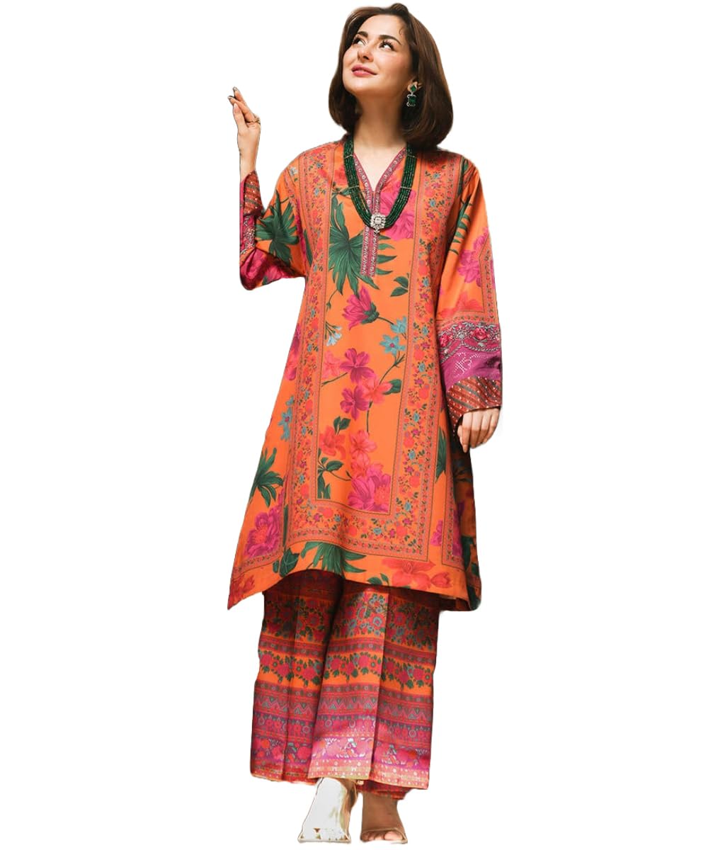 Anni Designer Women'S Rayon Viscose Straight Printed Kurta With Palazzo (Jamat Orange_M_Orange_Medium),Orange,M
