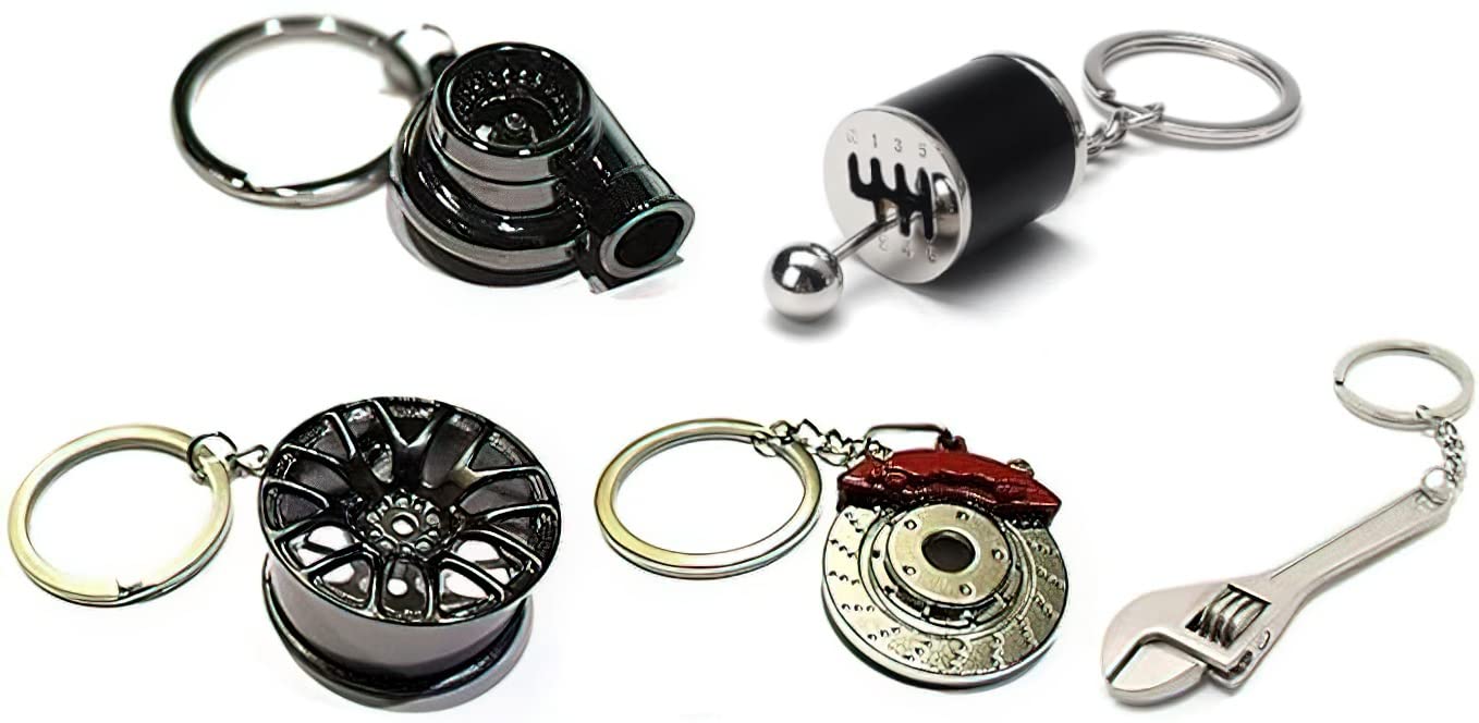 Gt//Rotors Five Piece Auto Parts Metal Key Chain Set - Spinning Turbo Keychain, Six Speed Manual Gearbox Keychain, Wheel Tire Ri
