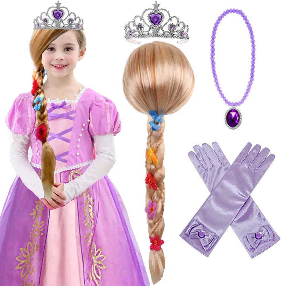 Princess Rapunzel Wig Rapunzel Braid with Princess Tiara Necklace Gloves Princess Rapunzel Dress Up Costume Cosplay Accessories 