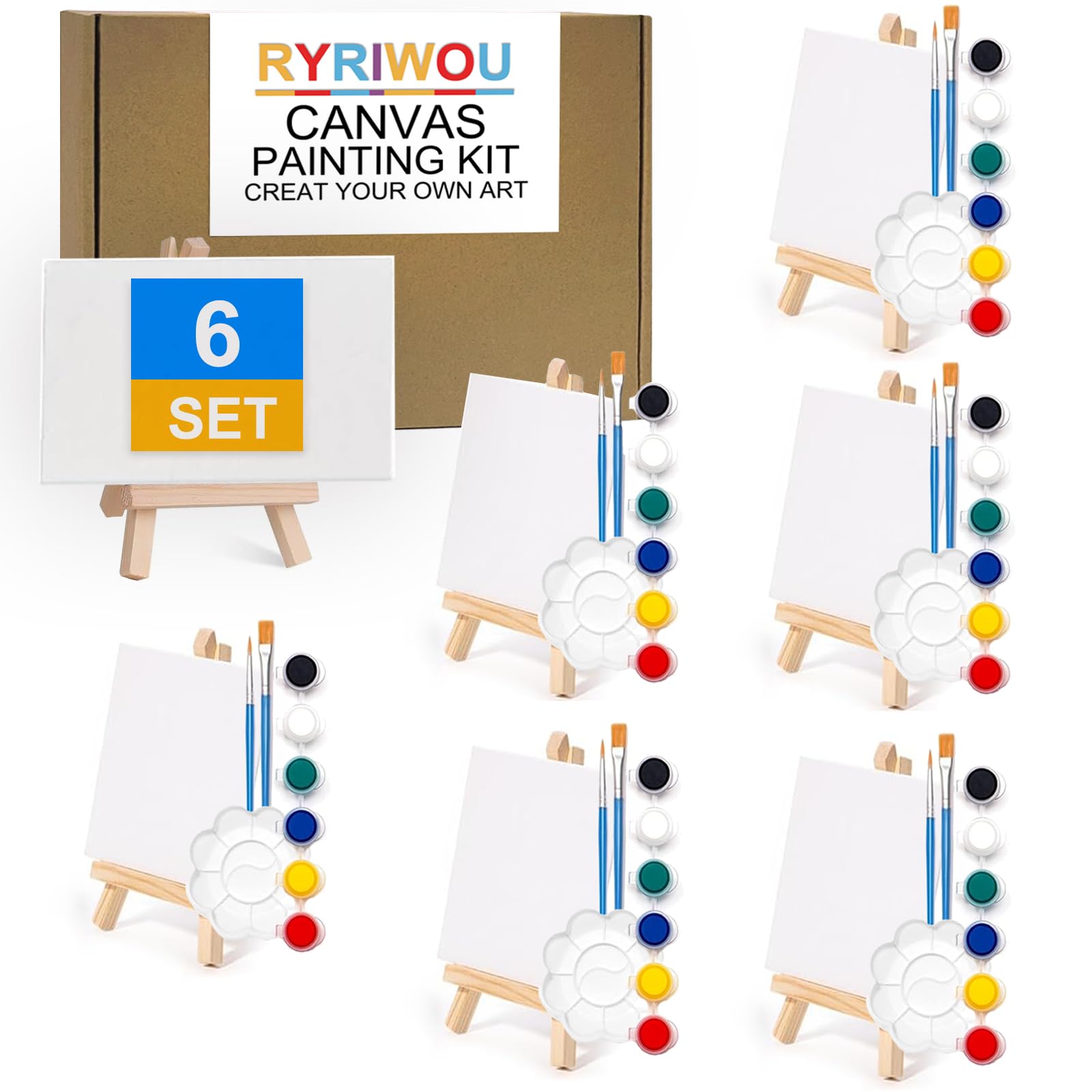 RYRIWOU Mini Acrylic Paint Kit ,Art Canvas Painting Kit with 4 x 6 Inch Canvas,Stretched Easel, Acrylic Paint, Brush, Palette,fo
