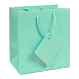 10 pcs Small Fancy Robins Egg Blue Glossy Finish Shopping Paper Gift Sales Tote Bags with Blank Message Tag 4 x 2.75 x 4.5