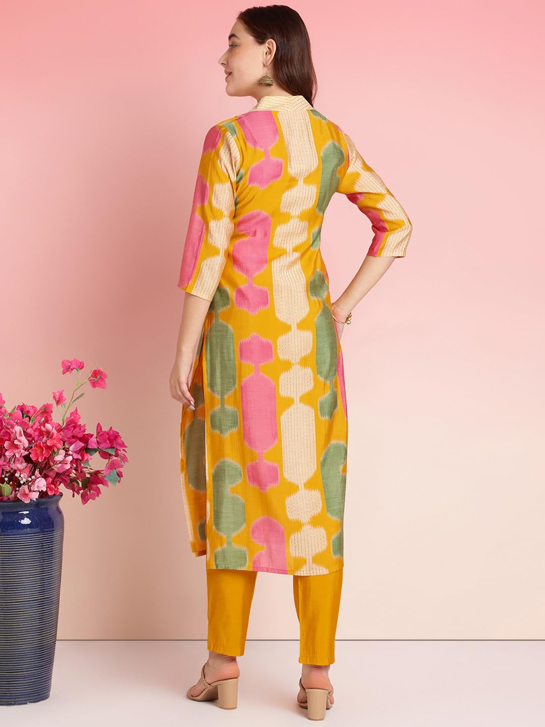Anni Designer Women'S Rayon Blend Straight Printed Kurta With Pant (Surdas Yellow_M_Yellow_Medium),Yellow,M,Rayon Blend,Classic,