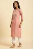W For Woman Pink Embroidered Cotton Straight Long Glitter Metallic Kurta