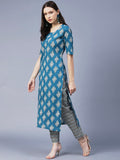 Anni Designer Women'S Cotton Blend Printed Straight Kurta With Pant (Shagun-Blue_S_Blue_Small),Blue,S,Cotton Blend,Regular,Pants