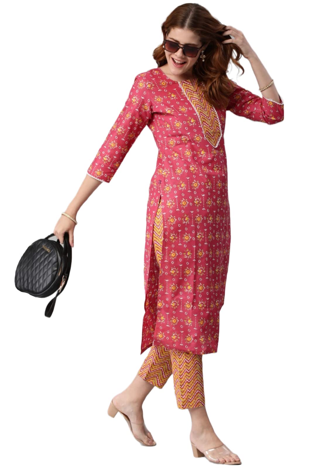 Gosriki Women'S Cotton Blend Traditional Straight Printed Kurta And Pant Set (Mikaa Pink-Nw_Xl-Gs_Pink_X-Large),Pink,,B0BTHLVDQG