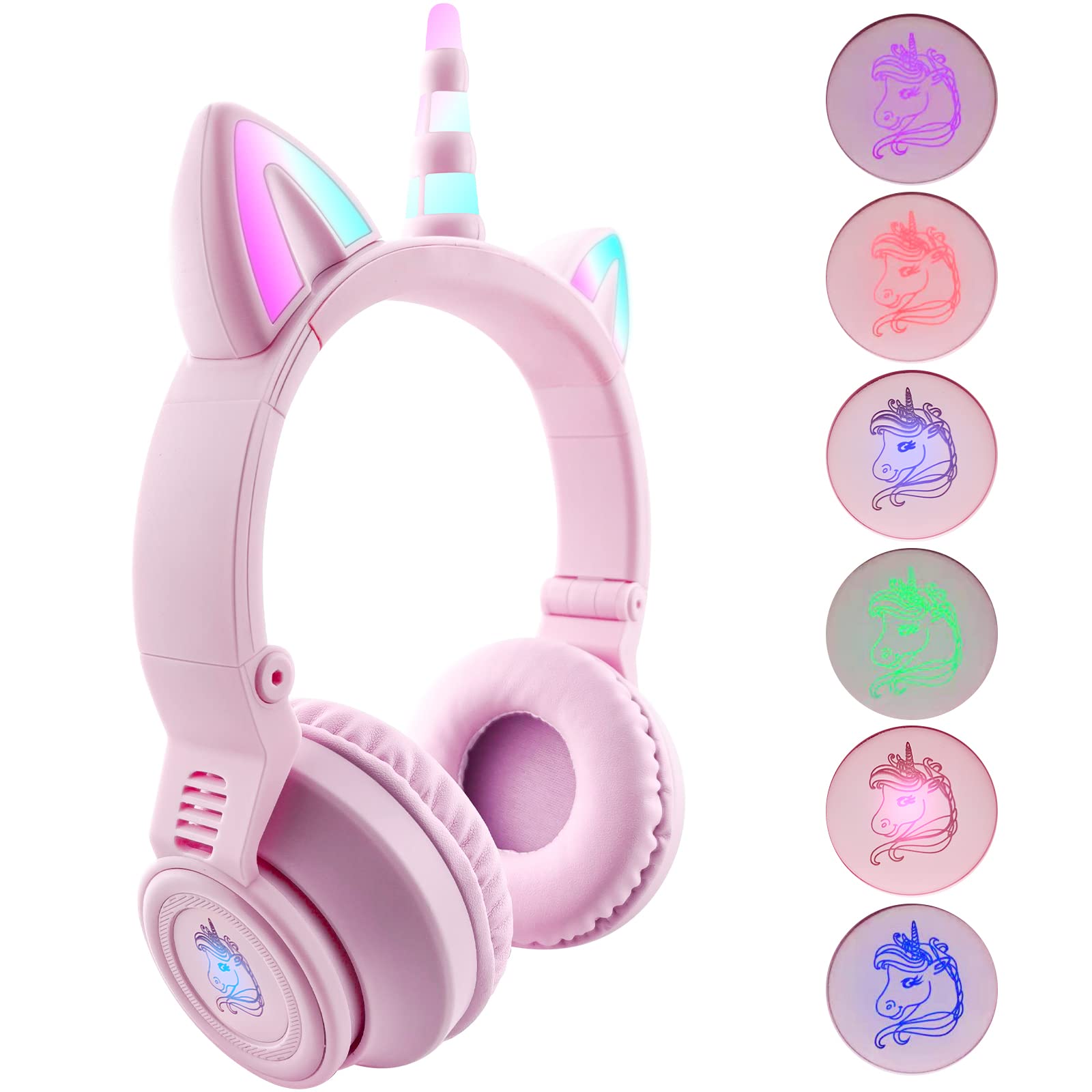 Yusonic Unicorn Kids Headphones,Unicorn Bluetooth Headphones Foldable For Girls Boys Toddlers Phones Pad/Amazon Fire/Tablet,Light Up Kids Wireless Headphone Birthday Gifts (Stn27 Purple Pink),On
