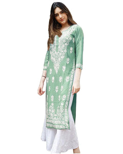 Gosriki Women'S Rayon Blend Straight Chikankari Embroidered Kurta (Victoria Green-Nw-Gs_4Xl_White_Xxxx-Large),Green,4,B0D1Y3P7NG