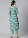 Anni Designer Women'S Cotton Blend Printed Straight Kurta With Pant (Jugnu Green_Xxl_Green_Xx-Large),Green,2XL,Cotton Blend,Regular,Pants