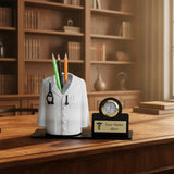 Personalized Doctors Coat Pen Holder with Clock Medical Desk Organizer with Stethoscope Design, Engraved Nameplate & Caduceus