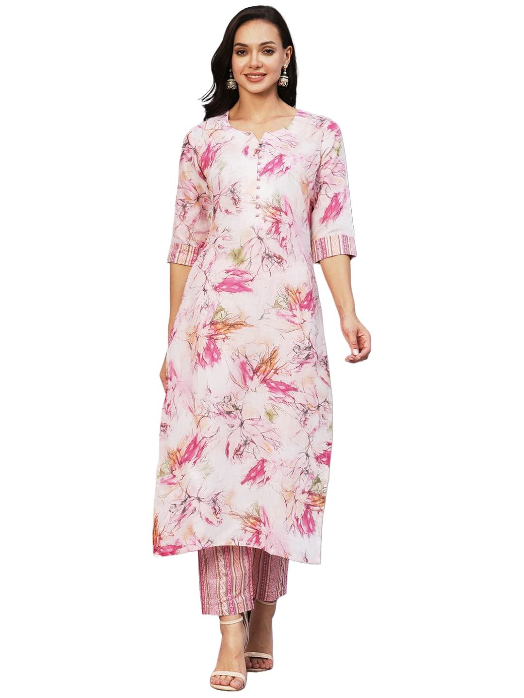 Gosriki Women'S Cotton Blend Printed Straight Kurta With Pant (Ps-Pink-Gs_Xxl_Pink_Xx-Large),Pink,2,B0C3XTX3GQ