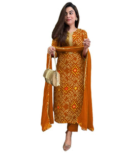 Gosriki Women'S Rayon Blend Straight Bandhej Printed Kurta With Pant & Dupatta (Turae Mustard-Vks01-Gs_M_Mustard_Medium),Mustard,,B0DJK13ZY5