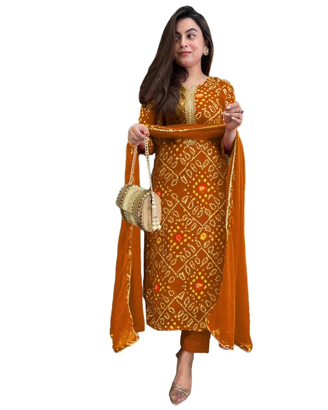 Anni Designer Women'S Rayon Blend Straight Bandhej Printed Kurta With Pant & Dupatta (Turae Mustard_3Xl_Mustard_Xxx-Large),Mustard,3XL