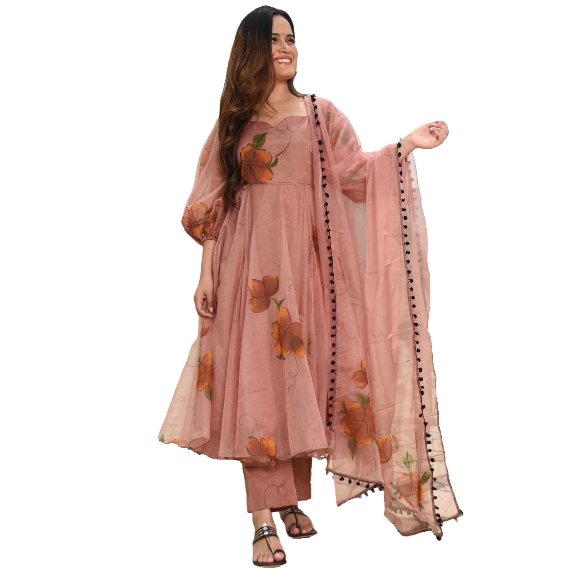 Gosriki Women'S Organza Printed Anarkali Kurta With Pant & Dupatta (Pugmor-Peach-Gs_Xxl_Peach_Xx-Large),Peach,2,B0BRYGBM6Y
