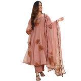 Gosriki Women'S Organza Printed Anarkali Kurta With Pant & Dupatta (Pugmor-Peach-Gs_Xxl_Peach_Xx-Large),Peach,2,B0BRYGBM6Y