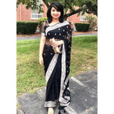 Shiv Textiles Womens Cotton Banarasi Silk Saree With Unstitched Blouse (Black)