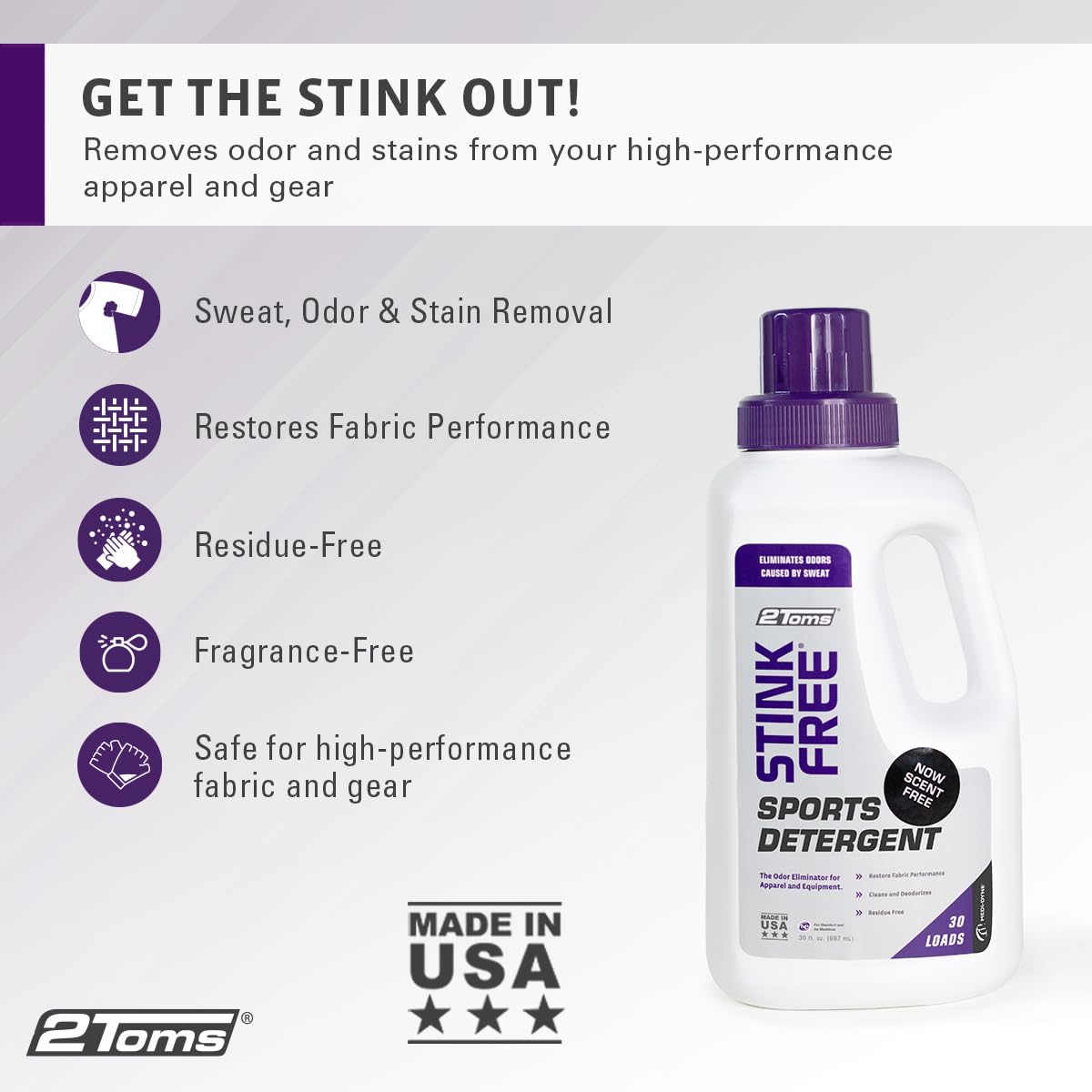 2Toms StinkFree Laundry Detergent, Fragrance Free Odor Eliminator for Athletic Clothes & Gear, Formulated for Sweat, 30 Ounce Bo