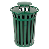 Global Industrial Heavy-Duty 36 Gallon Capacity Outdoor Metal Slatted Trash Receptacle with Rain Bonnet Lid & Plastic Liner, Gre
