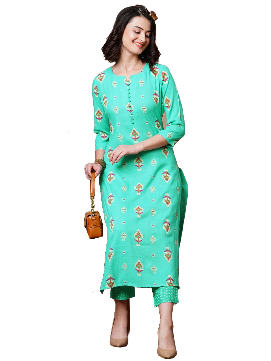 Gosriki Women'S Cotton Blend Straight Printed Kurta With Pant (Fimla Green-Gs_M_Green_Medium),Green,,B0CVGYGQKX