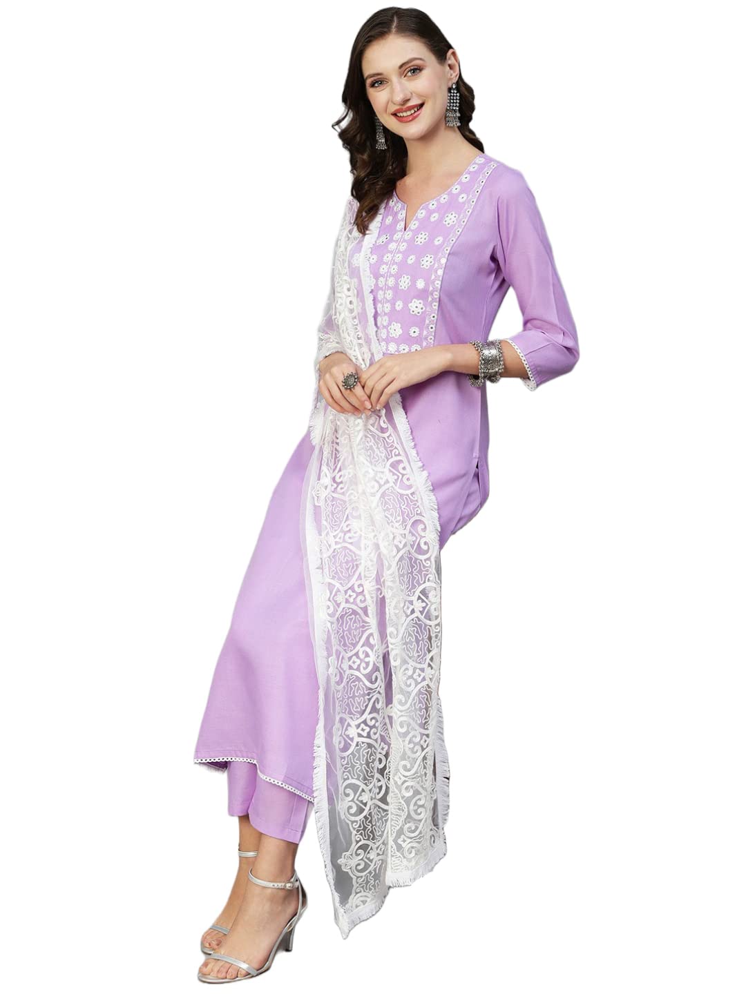 Anni Designer Women'S Cotton Blend Straight Solid Kurta With Pant & Dupatta (Edda-Purple_Xxl_Purple_Xx-Large),Purple,2XL