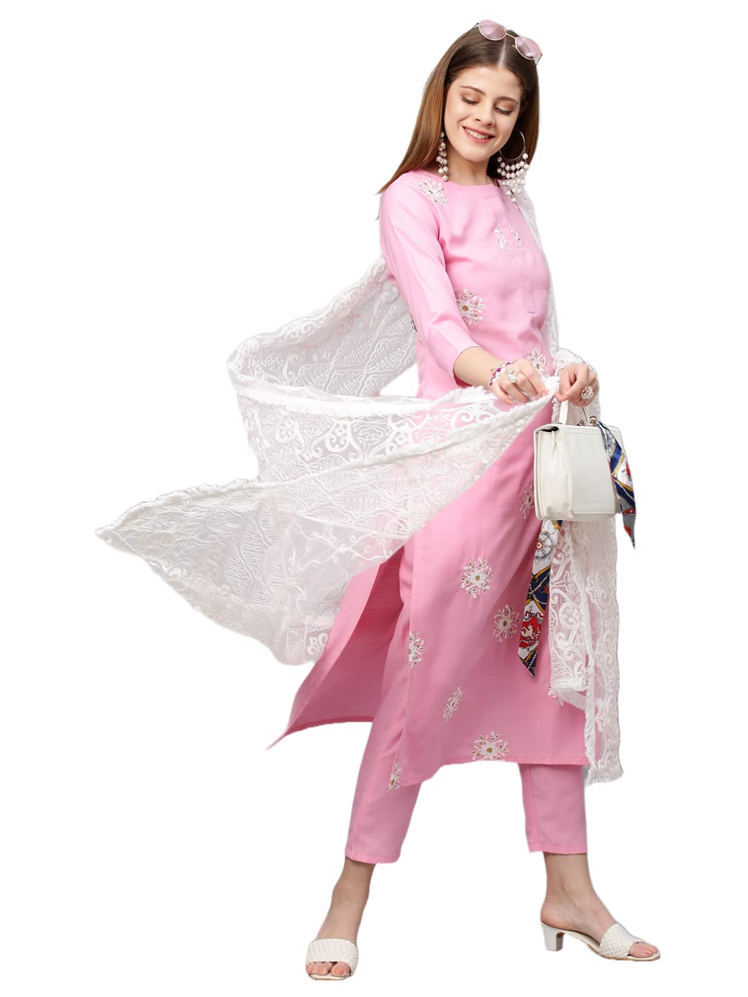 Anni Designer Women'S Ruby Cotton Straight Embroidery Kurti With Pant & Dupatta Set (White-Show-Light Pink-Nw_S_Light Pink_Small),Light Pink,S