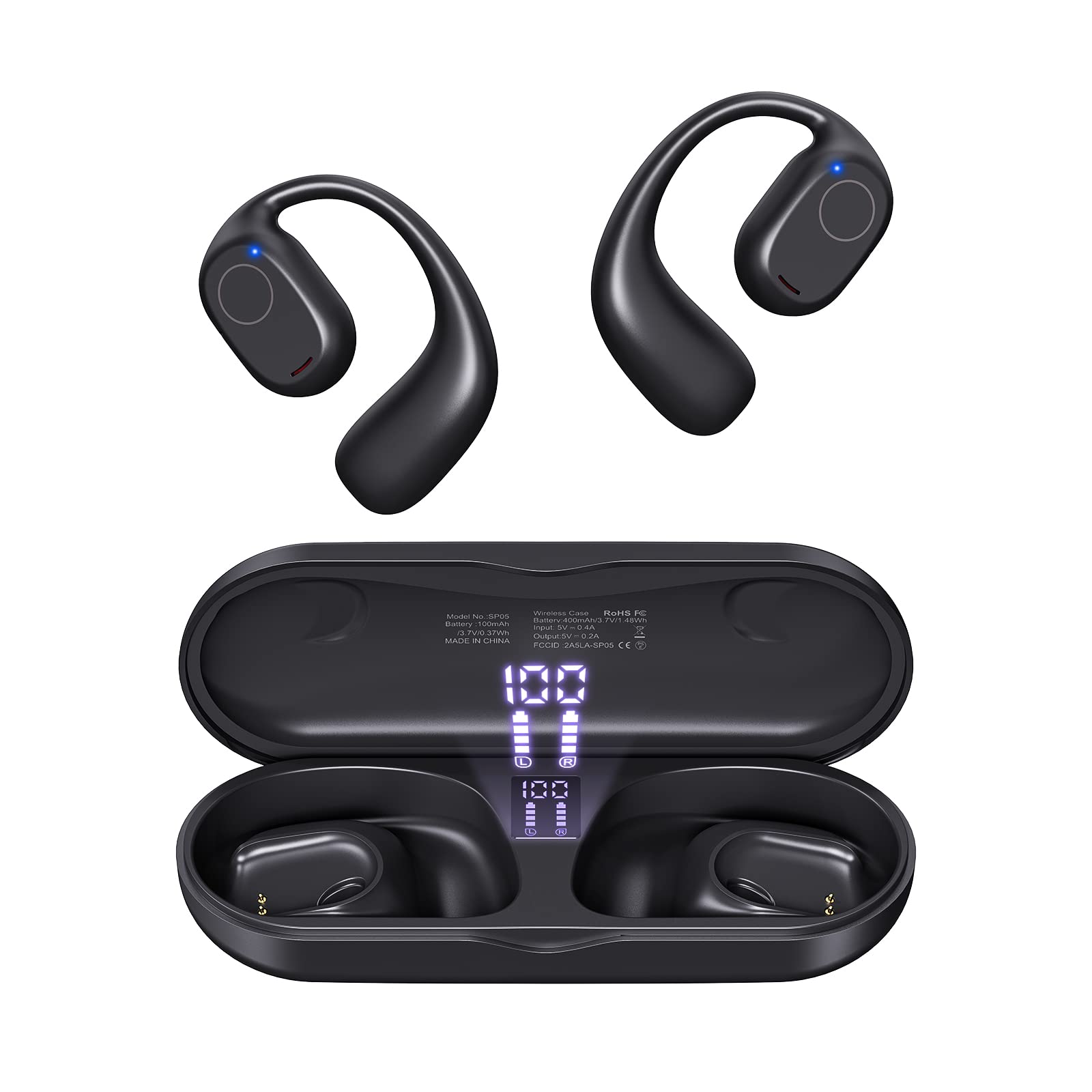 PSIER Open Ear Headphones, Bluetooth 5.3 Wireless Sports Headphones with Digital Display Charging Case 40 Hours Playtime True Ea