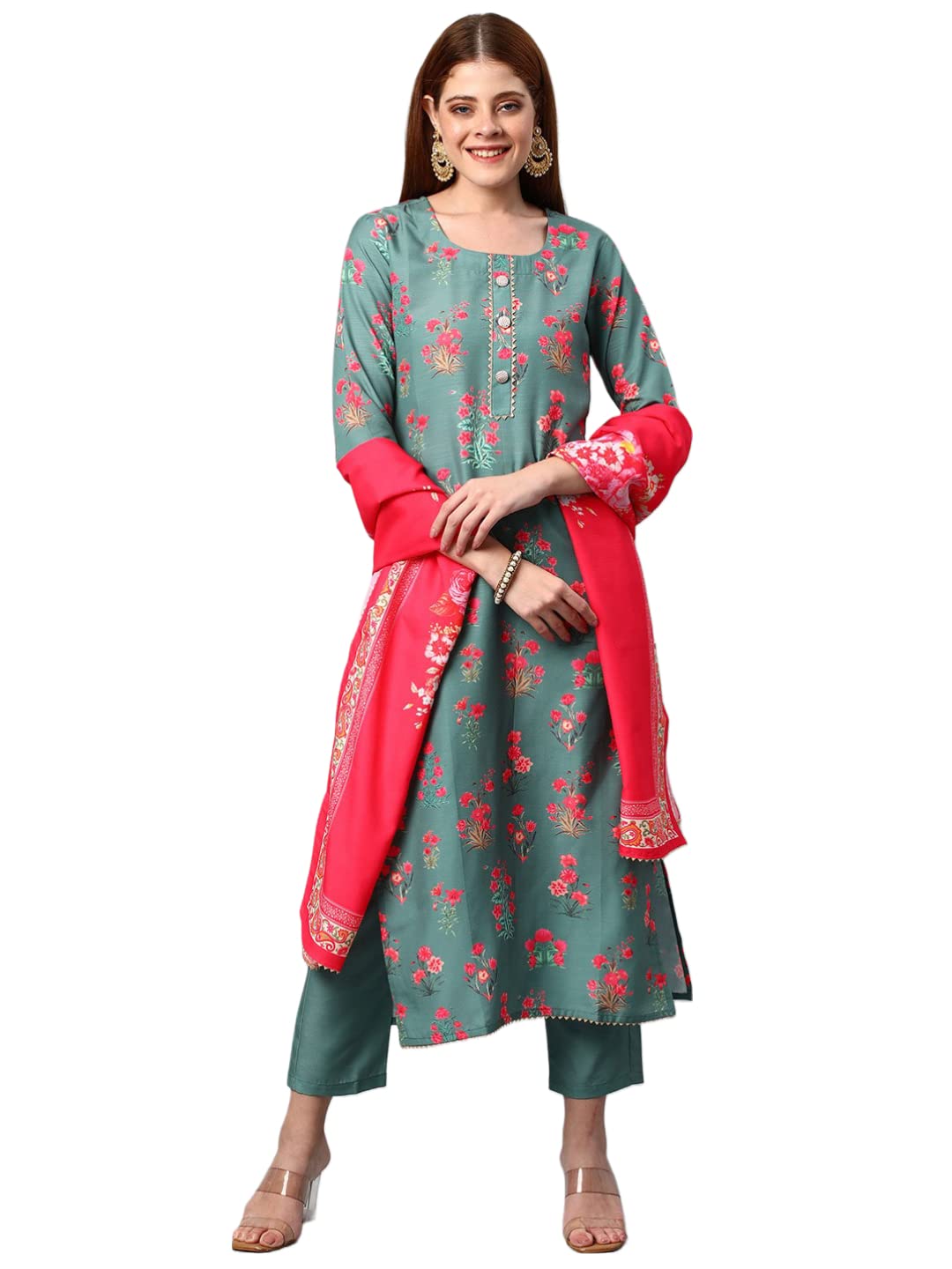 Anni Designer Women'S Cotton Blend Printed Straight Kurta With Pants & Dupatta (Kenal-Green_L_Green_Large),Green,L