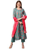Anni Designer Women'S Cotton Blend Printed Straight Kurta With Pants & Dupatta (Kenal-Green_L_Green_Large),Green,L