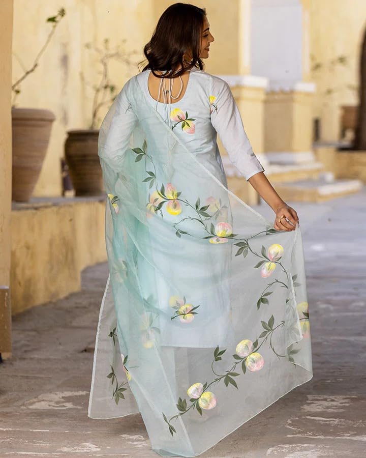 Anni Designer Women'S Cotton Blend Straight Printed Kurta With Pant & Dupatta (Taral Grey-Nw_Xl_Grey_X-Large),Grey,XL,Cotton Blend,Regular,Dupatta