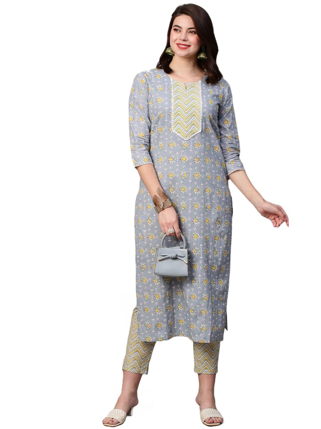 Gosriki Women'S Cotton Blend Printed Straight Kurta With Pant (Mikaa Grey-Nwfb08-Gs_4Xl_Grey_Xxxx-Large),Grey,4,B0BTJ8SW2L