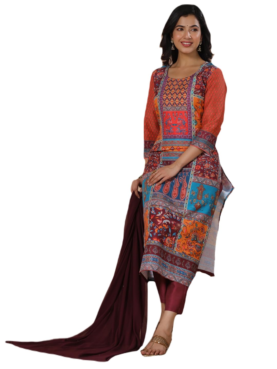 Gosriki Women'S Rayon Blend Printed Straight Kurta With Pant & Dupatta (Rigved Maroon-Gs_L_Maroon_Large),Maroon,,B0CYPLKN36