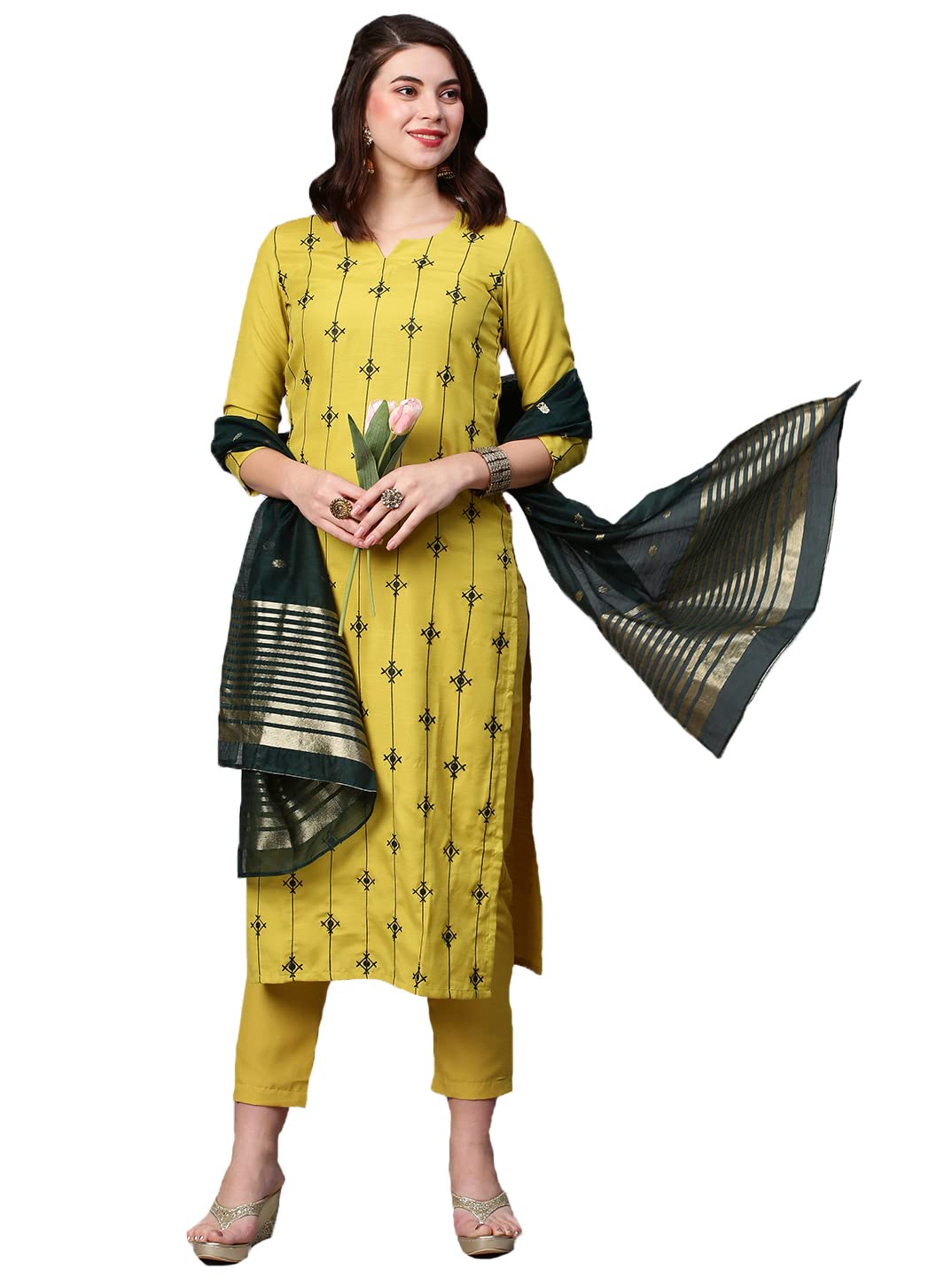 Anni Designer Women'S Cotton Blend Embroidered Straight Kurta With Pant & Dupatta (Woro-Mustard_Xl_Mustard_X-Large),Mustard,XL