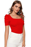 Wedani Women'S Casual Puff Sleeves Solid Top (X-Large Red),Red,XL,Polyester,Regular,