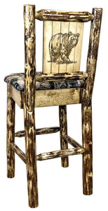 Montana Woodworks Glacier Country Collection Barstool With Upholstered Seat, Woodland Pattern, Laser Engraved Bear Design, Stain