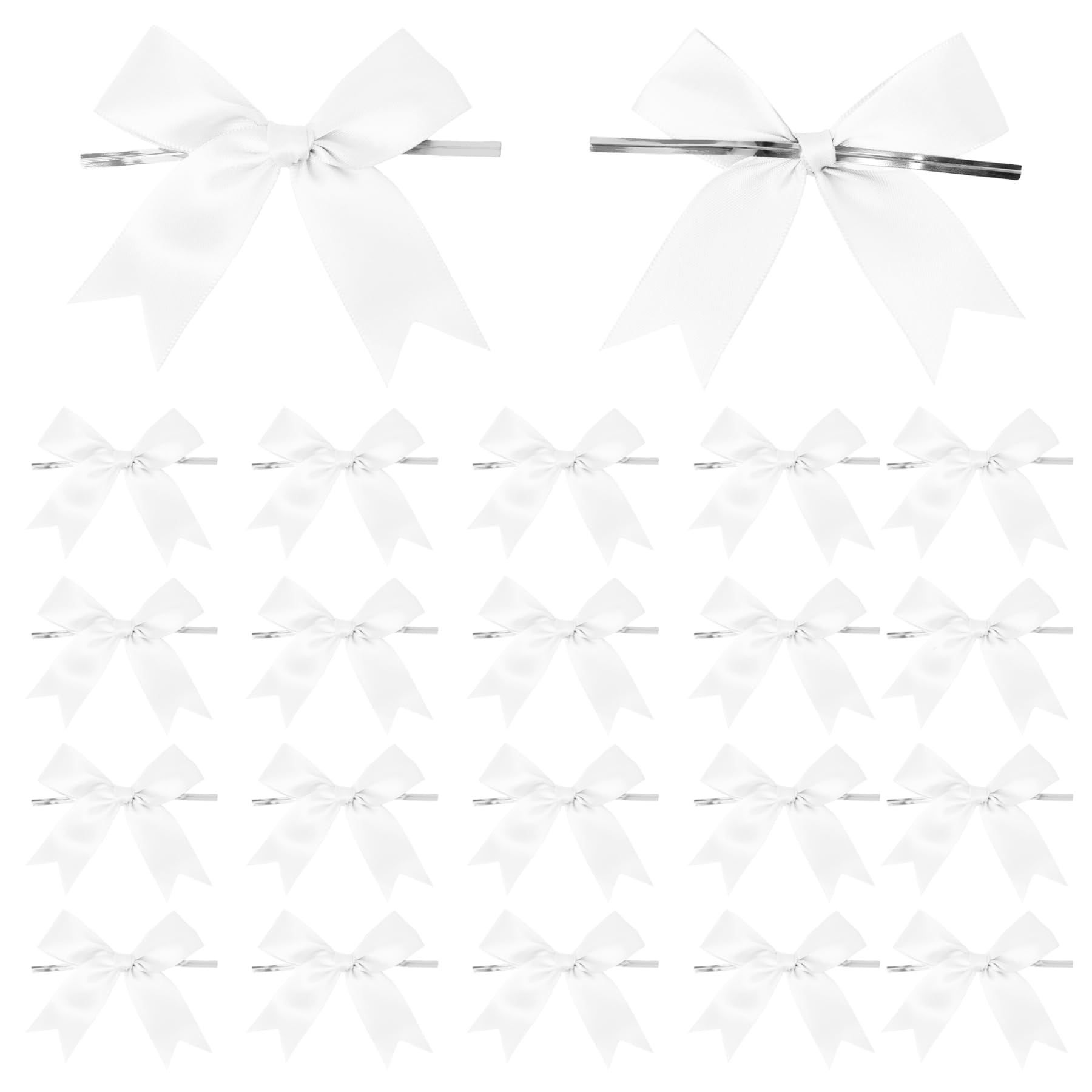 50 Counts White Twist Tie Bows 3.1 Pre-Tied Satin Ribbon Bow Decor Mini Twist Tie Bows for Gift Wrapping Treat Bags Cake Bridal 