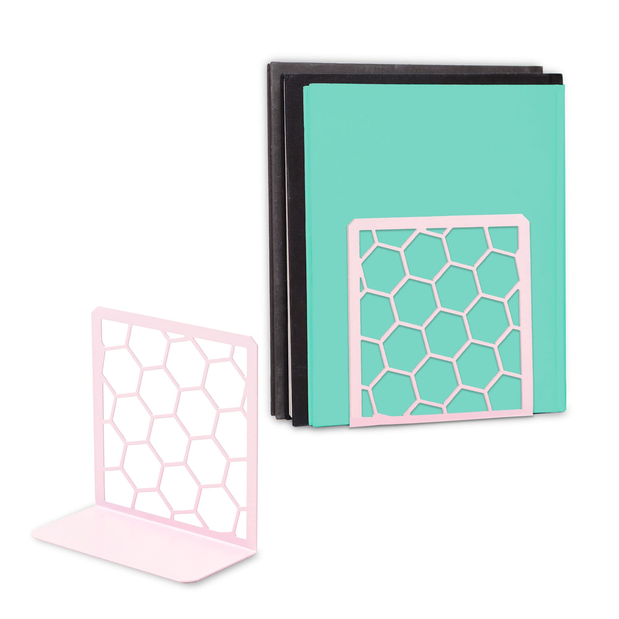 Premium Geometric Pink Honeycomb Bookends for Shelves, Metal Book Ends for Office, L-Shaped Book Stopper, Rustproof Bookends Dec