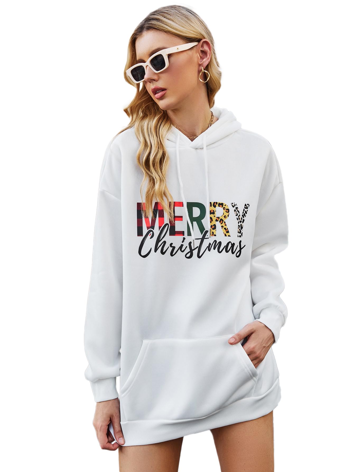 Toplot Women'S Woolen Long Typographic Printed White Hoodie With Hooded Neck (T-Hoodie-5051-Merry-Xl),White,,B0CJBP7HGK