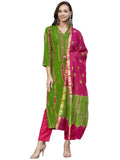 Anni Designer Women'S Rayon Straight Printed Kurta With Pant & Dupatta (Sibori-Methi-Nw_L_Green_Large),Green,L