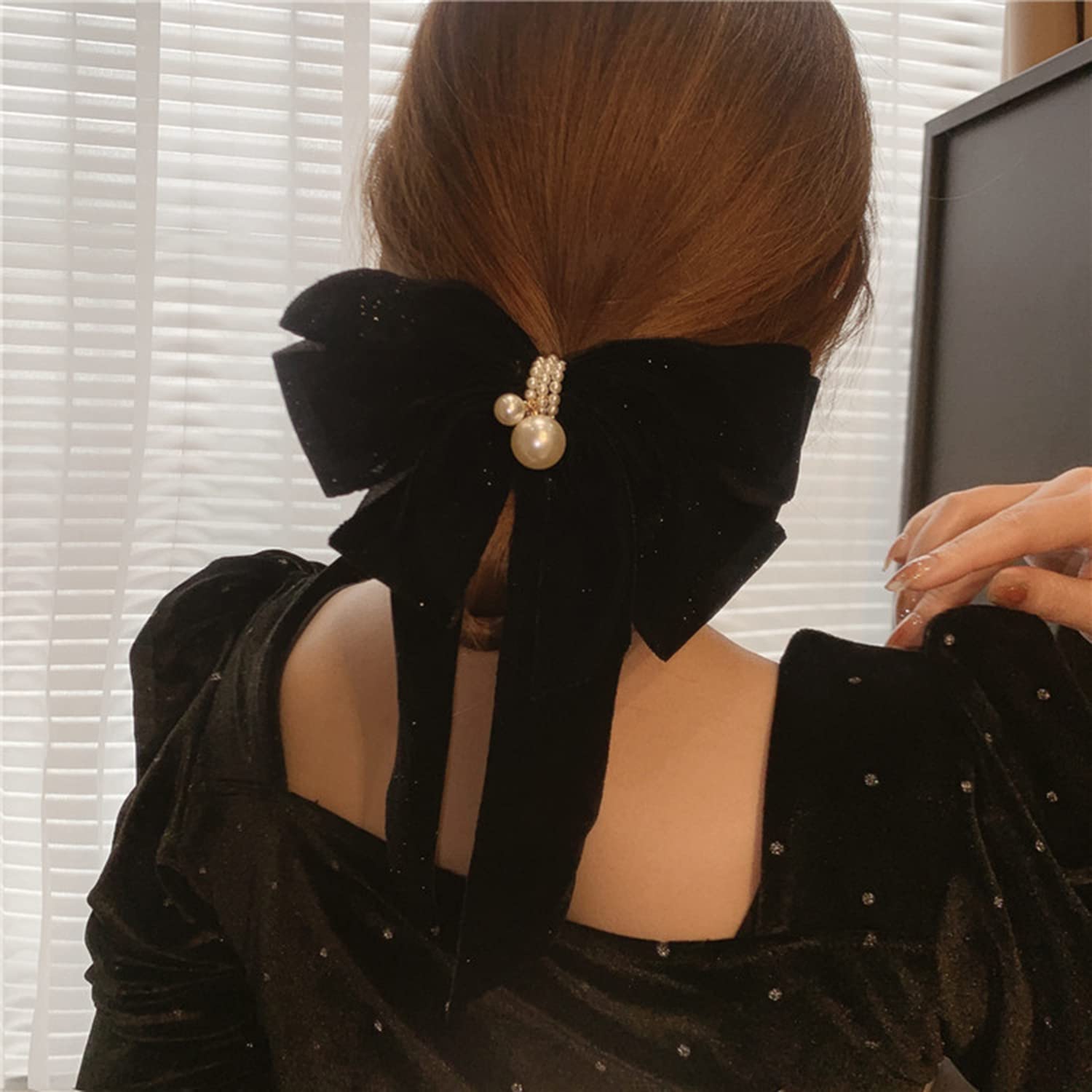 Wekicici Big Bow Hair Clips with Pearl Black Bow Hair Clips Huge Soft Bow Women Barrettes Accessories for Women Girls (Black),re