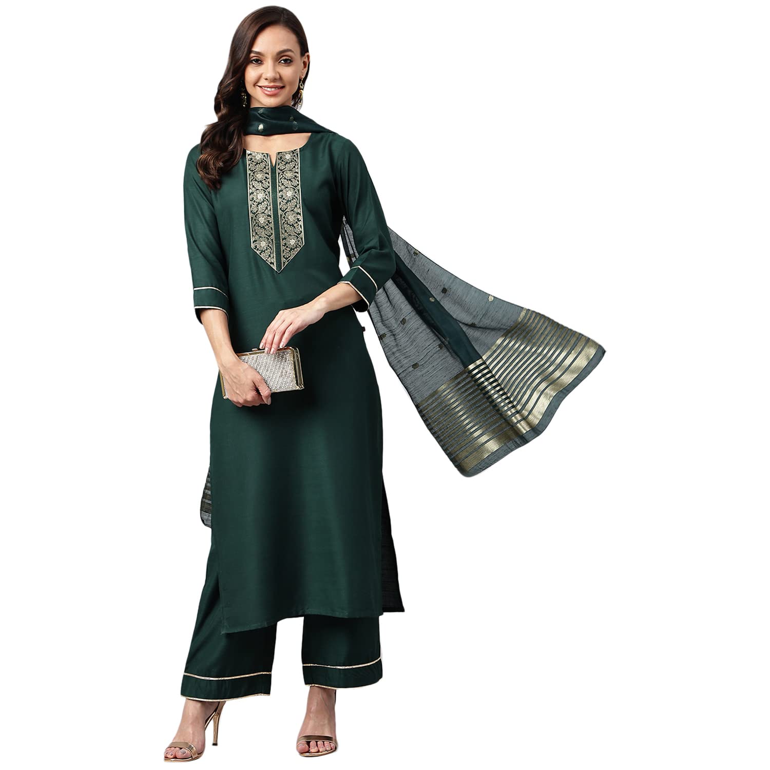 Gosriki Women'S Cotton Blend Straight Solid Kurta With Palazzo & Dupatta (Vtm Green_S-Go_Green_Small),Green,,B0B68T3RLD
