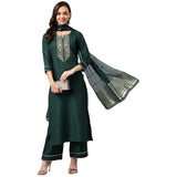 Gosriki Women'S Cotton Blend Straight Solid Kurta With Palazzo & Dupatta (Vtm Green_L-Go_Green_Large),Green,,B0B6932Z3B