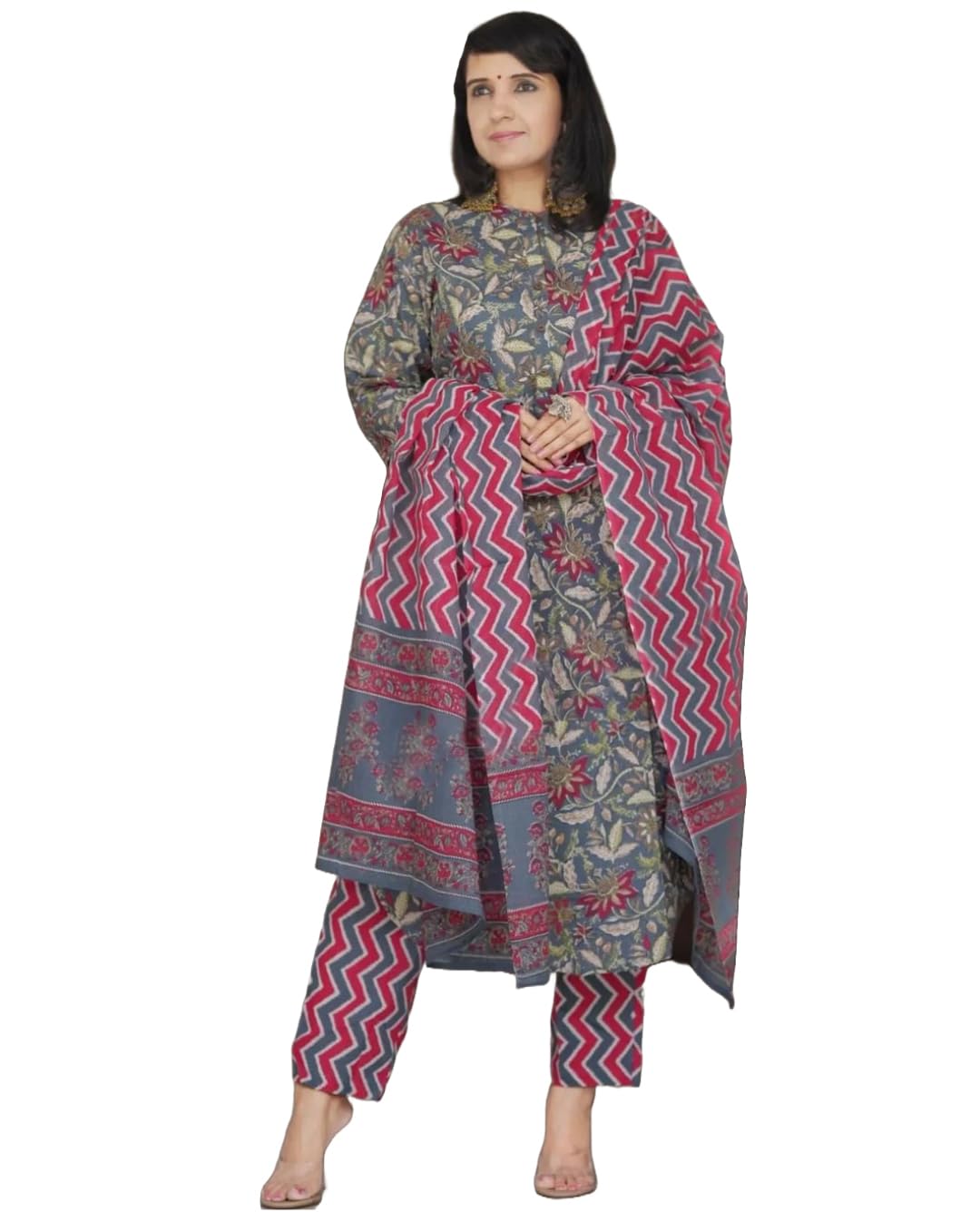 Anni Designer Women'S Rayon Blend Straight Printed Kurta With Pant & Dupatta (Antari Grey_S_Grey_Small),Grey,S