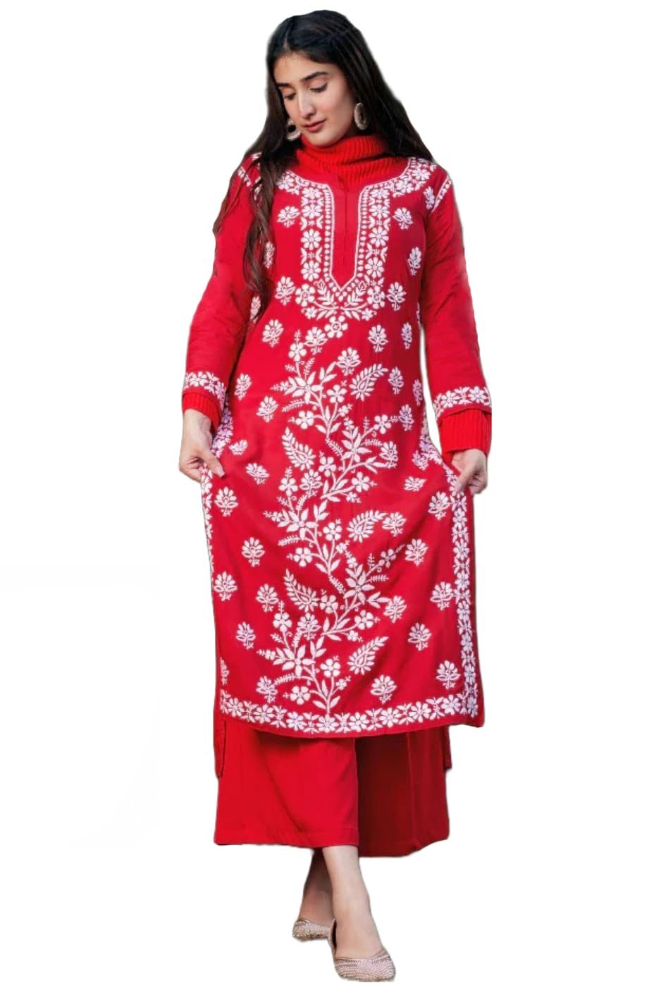 Anni Designer Women'S Cotton Blend Chikankari Embroidered Straight Kurta (Dayak Red-Nw_M_Red_Medium),Red,M