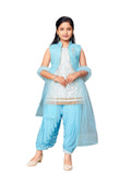 Aarika Kurti Patiala Set for Girls, White-sky blue, 5-6 Jahre