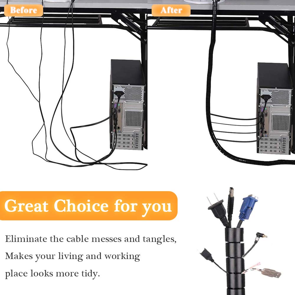 Black Spiral Winding Cable Management Pipe Wire Wrap Line Coiled Tube, Flexible Cord Covered Protective Bundler Sleeve Hose for